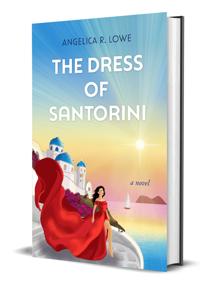 The Dress of Santorini Book The image on the book cover is a woman in a red dress looking out to sea as the sun is setting.